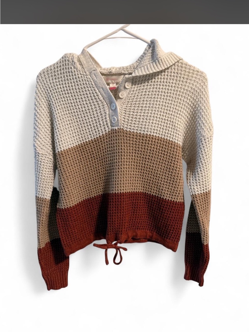 No Boundaries Colorblock Hooded Knit Pullover - Cream, Tan & Rust